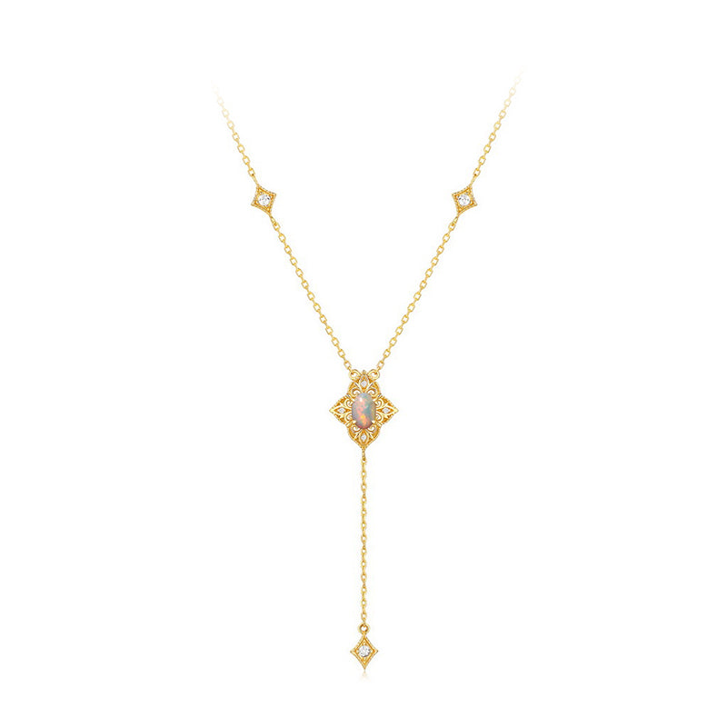 925 Sterling Silver Opal Diamond - Flower Tassel Necklace