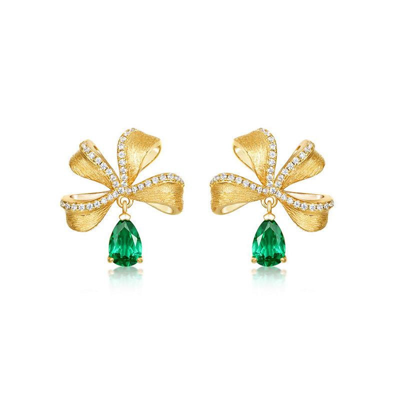 925 Sterling Silver Golden Butterfly & Emerald Shadow Emerald Earrings