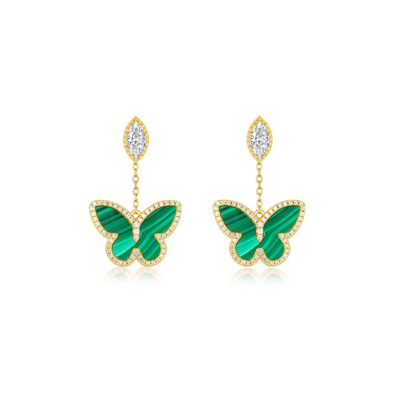 925 Sterling Silver Malachite Butterfly Tassel Earrings