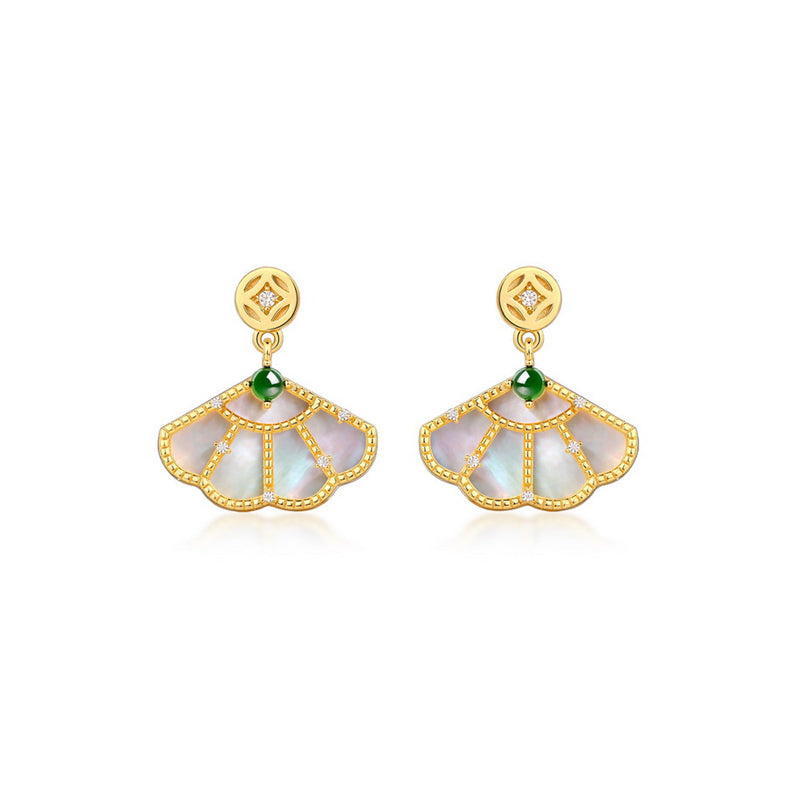 925 Sterling Silver Mother - of - Pearl Ginkgo Fan Earrings