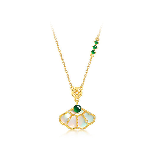 925 Sterling Silver Mother - of - Pearl Ginkgo Fan Necklace