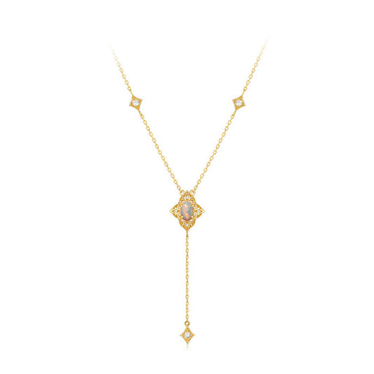 925 Sterling Silver Opal Diamond - Flower Tassel Necklace
